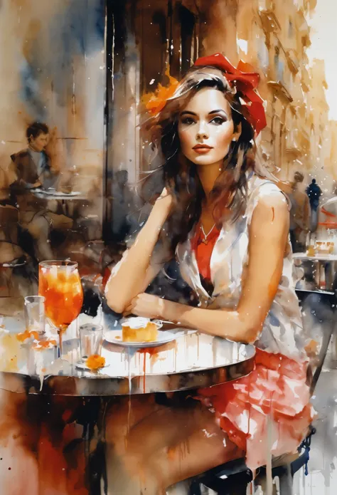 a stunningly beautiful young woman sitting in a Parisian street café, portrait by Willem Haenraets, watercolor, wet on wet and splattering techniques, centered, perfect composition, abstraction, surrealism