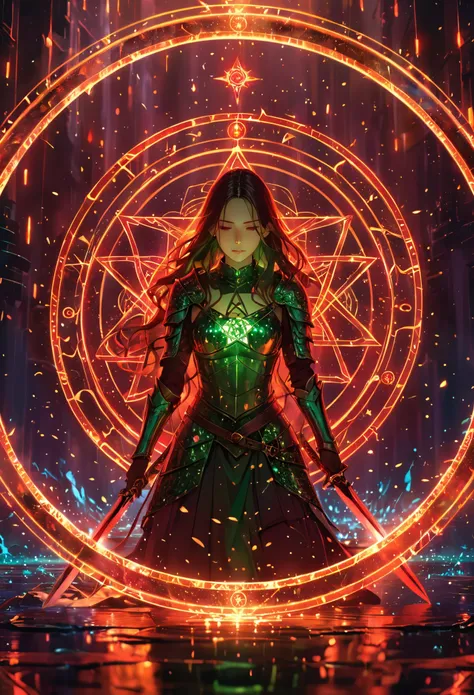 (best quality, masterpiece:1.2), ultra-detailed, glowing green sword, ancient glowing symbols on the blade, a girl wearing armor, kneeling under the sword, long flowing hair, silver armor, black and red electric arc hexagram magic circle background, magica...