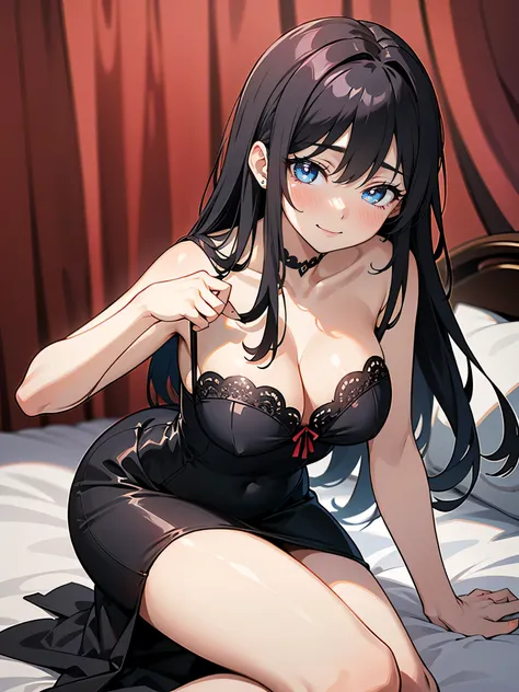 1 girl, young woman, alone, black hair, long hair, (Front:1.2), blue eyes, sharp eye posture, (black hair), large breasts, looking at viewer, lying in bed , Masterpiece, best quality, 4k ((blush)) ((smile)) ((mature woman)) ((sexy dress)) ((sexy)) (dinamyk...