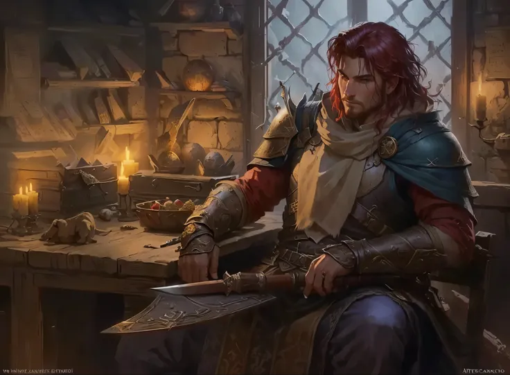 There is a WARRIOR sitting at a table with a knife in his hand, male draconato, draconato, ESCAMAS VERMELHAS, retrato dnd, retrato dnd, Lawther sitting at the table playing DND, dungeons and dragons fantasy art, por Adam Marczyński, dungeons and dragons ar...