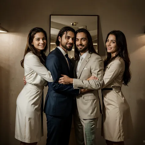 Make a picture where there is Jesus and 3 people wearing suits embracing each other at the same time as Jesus with a background in heaven and on earth. They looked happy and enjoyed their time together