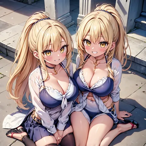 highest quality,wonderful,finely,extremely detailed CG Unity 8K wallpaper, (Stand in line:1.2), (3 girls, cute eyes, blonde, Yellow Eyes, Low Ponytail, Scrunchie, Earrings, Wicked Smile, clothed), (Grin:1.1), ((Brown Skin:1.2),  (huge breasts), (wariza:1.4...