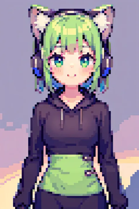 Pixel art, 1girl, cute, portrait, bust up, light smile, Bob with green short hair, cat ears wearing headphones, chibi, whole body,