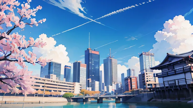 Anime images of Japan、 Tokyo cityscape、 blue sky、 White cloud、 Size is 16:9 please