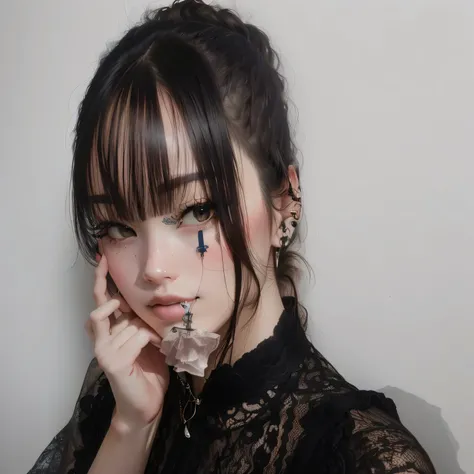 There&#39;s a woman with a black star tattoo on her face, 1 7 year old anime goth girl, Chiho, 1 7 year old goth girl, Serious expression, Heavy eyes turned to one side, gothic face, Shot with Sony alpha 9, black eyes and large forehead, Scary expression, ...