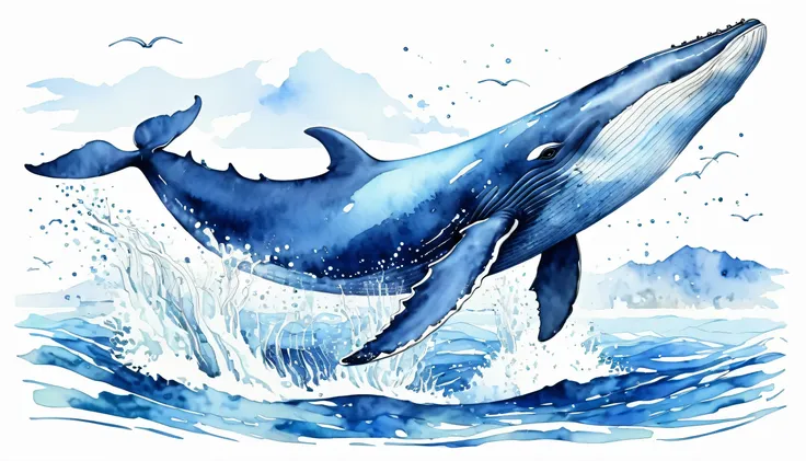 Whales、Whale Watching、Masterpiece、Omitted style,Line drawing sketch,Stylish cut, artistic,Scribble style,Clear, bold, thick outlines,,Rough coloring, watercolor painting,