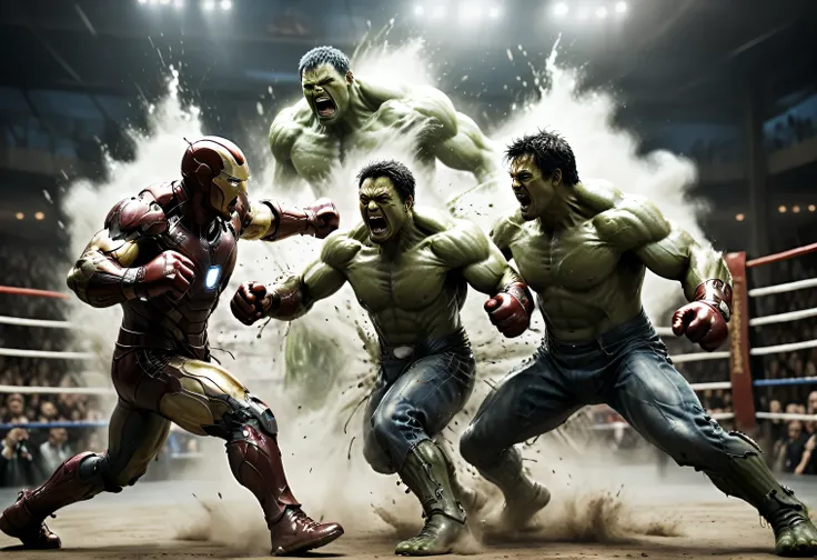 boxing match, 2 persons, iron man vs hulk, in the ring in boxing gloves, cruel faces, emotions of anger, grin, sweat, tension, a...