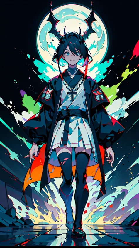 (anime boy, neon colors:1.1, devil, satan, extremely psycho, maniac grin, crazy, lunatic, ominous, cool)(best quality,4k,8k,highres,masterpiece:1.2),ultra-detailed,(realistic,photorealistic,photo-realistic:1.37),edgy, vibrant colors, intense lighting, styl...