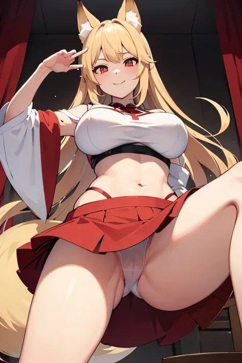 Masterpiece、Big Breasts、Underboob、Fox ears、Long blonde、Red Eye、mini skirt、Panty shot、smile、Japanese-style room、Angle from below