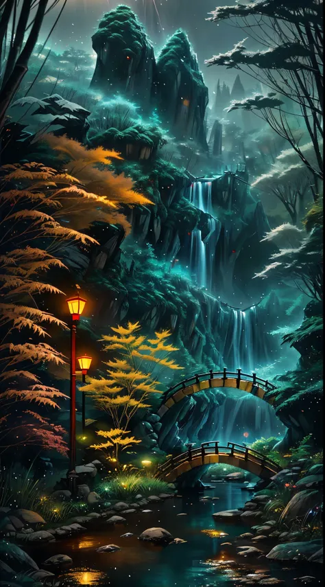 ((Diffuse Color)) Ancient Chinese architecture, Cool colors, Dark Night, moon, garden, bamboo, lake, stone bridge, rockery, arch, corner, wood, water flowing, landscape, Outdoor, waterfall, Grass, rock, Heavy Rain, thunderstorm, 周囲にはブドウのwoodが生い茂っている, giant...