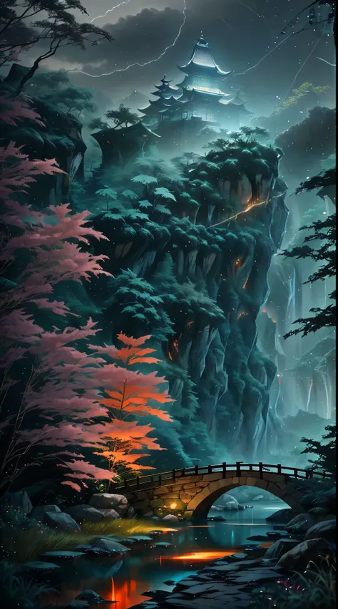 ((Diffuse Color)) Ancient Chinese architecture, Cool colors, Dark Night, moon, garden, bamboo, lake, stone bridge, rockery, arch, corner, wood, water flowing, landscape, Outdoor, waterfall, Grass, rock, Heavy Rain, thunderstorm, 周囲にはブドウのwoodが生い茂っている, giant...