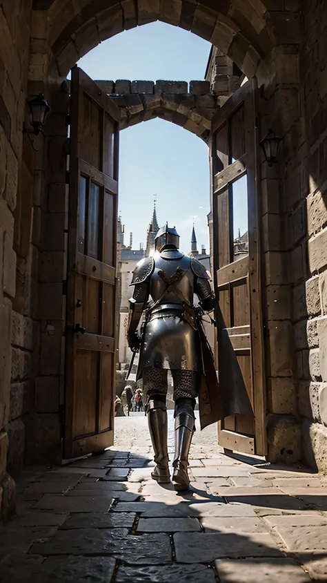 A knight in medieval kingdom entering city gate, view from behind. 