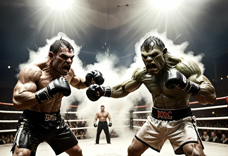 boxing match, 1 man and 1 big orc in the ring wearing boxing gloves, emotions of anger, sweat, tension, active scene of striking...