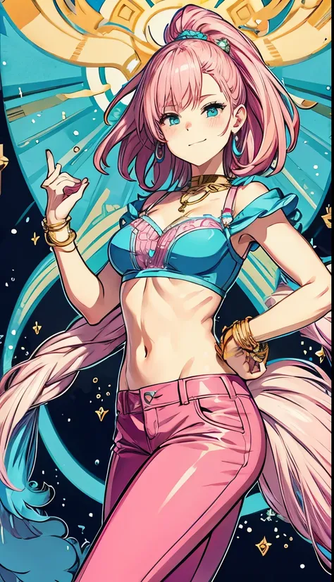 A smug narcissistic pink haired woman wearing a pink bra and blue pants and lots of jewelry flaunting herself