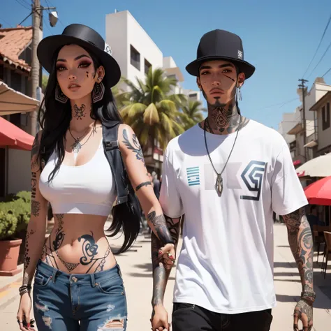 tattooed couple walking down the street holding hands, wearing shipibo tattoos, with tattoos, arian mark, inked, couple, jrpg aztec street fashion, brazil, modeling for dulce and gabanna, twins, street fashion clothing, tatoos, 5 0 0 px models, outlive str...