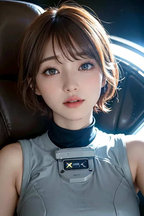 Ultra-high resolution、(Real:1.4)、One beautiful woman、Beautifully detailed eyes and skin、Light brown short hair、Spacesuit、Space Station、Spaceship、Bright interior、Remains、Cloudy、Sci-Fi Taste、Movie quality、dramatic、Dramatic composition、