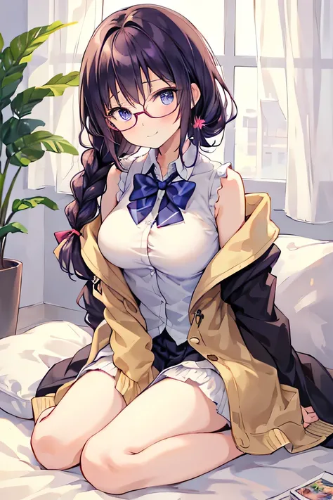 ((masterpiece)), ((best quality)), (ultra-detailed), ((kawaii)), cute, (lovely), illustration, anime style, full body, a cute girl, solo, school, campus, (beautiful eyes), Long beautiful dark purple hair, Her hair is tied in a braid and hangs over her shou...