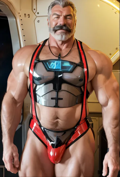 full body portrait, strong burly hairy mature older man(space captain), wearing futuristic captains uniform insignia (neon and black) (open and revealing) (latex) , gray hair, broad shoulders, round belly, thick feet, bulging micro thong, barefoot, scifi s...