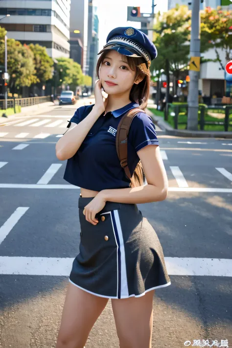 In town、Cute 18 year old、mini skirt、policewoman、Sexy pose at the intersection