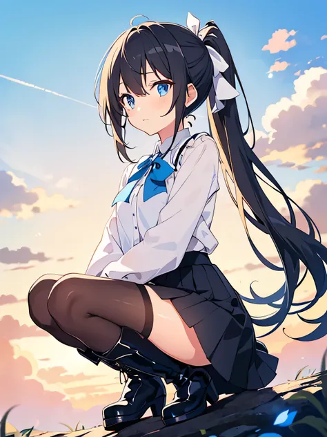 short anime girl, long black hair, white ponytail ribbon, light blue eyes, blue blouse, knee-length skirt, black stockings, black boots, shy