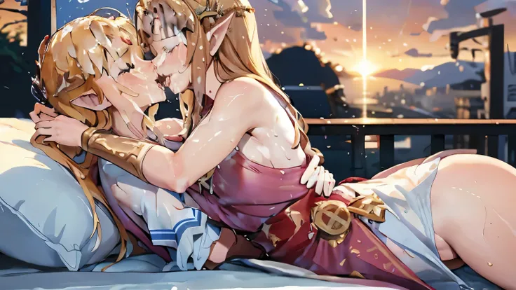 Masterpiece, stunning realistic, movie sex scene, best quality, Sharpness, 2 girls, princess zelda, lying on top of each other, kissing in bed, large breasts,, tongue kiss, closed eyes,full body (2girls, Zelda), short tight dress, sleeveless, cityscape, he...