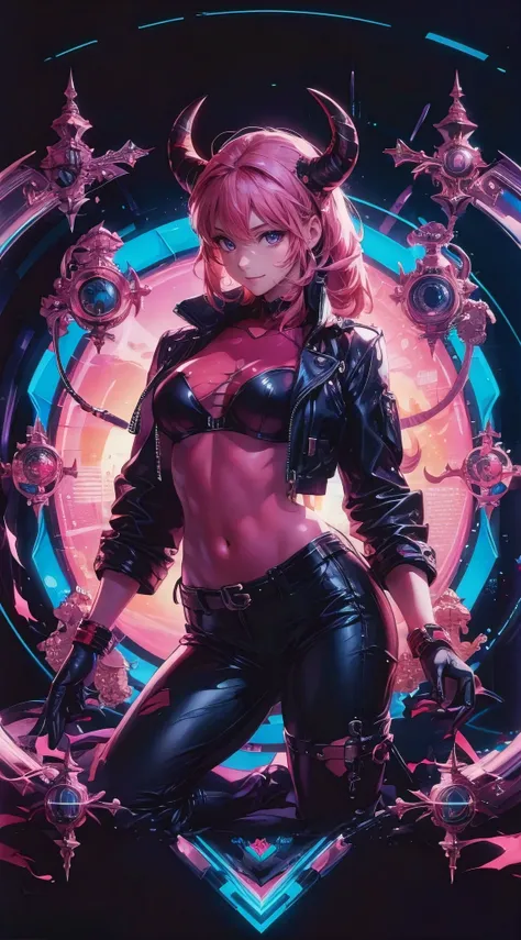 (best quality,4k,8k,highres,masterpiece:1.2),ultra-detailed,(realistic,photorealistic,photo-realistic:1.37), Superbly attractive demon girl, slim thick build waifu, leather jacket, leather pants, feminine curves, futuristic ornaments, hyperdetailed future ...