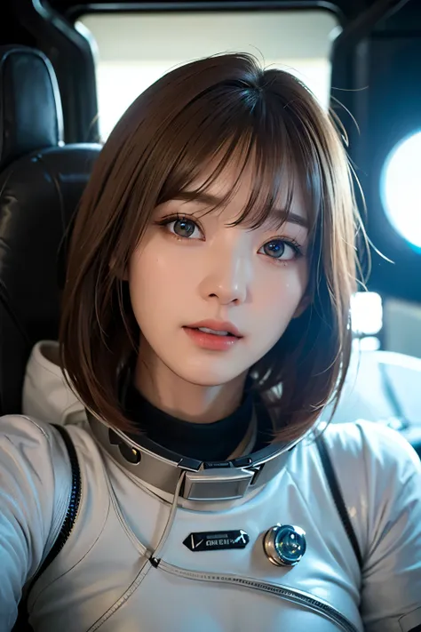 Ultra-high resolution、(Real:1.4)、One beautiful woman、Beautifully detailed eyes and skin、Light brown short hair、Spacesuit、Space Station、Spaceship、Bright interior、Remains、Cloudy、Sci-Fi Taste、Movie quality、dramatic、Dramatic composition、