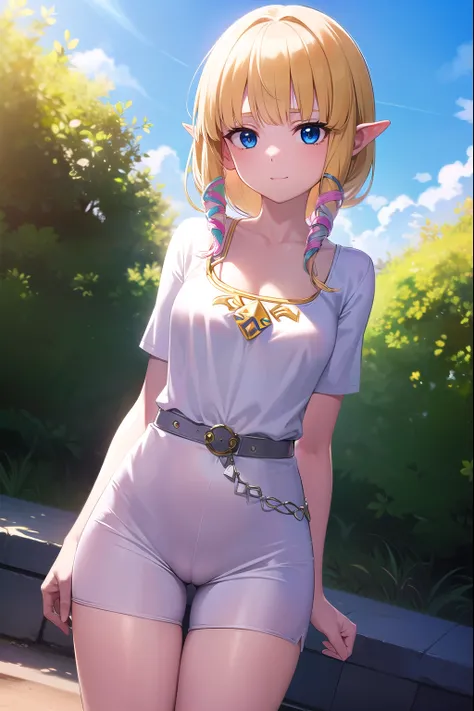 princesa zelda, zelda cieloward sword, pelo rubio, blue eyes, pelo largo, orejas puntiagudas, cerraduras laterales, duende, golpes, blunt golpes, cintas, hair cintas, sonrisa,
ROMPER belt, capa, vestido, mangas largas, (pink vestido:1.2), (white capa:1.2),...