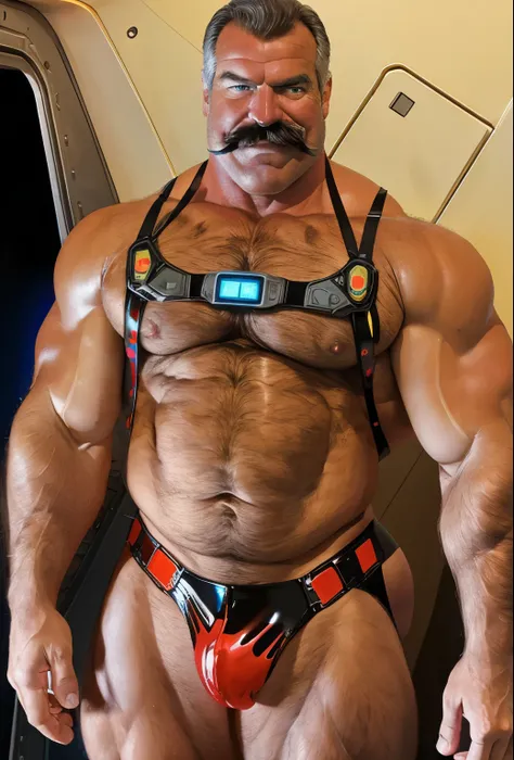 full body portrait, strong burly hairy mature older man(space captain), wearing futuristic captains uniform insignia (neon and black) (open and revealing) (latex) , gray hair, broad shoulders, round belly, thick feet, bulging micro thong, barefoot, scifi s...