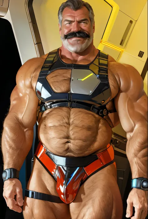 full body portrait, strong burly hairy mature older man(space captain), wearing futuristic captains uniform insignia (neon and black) (open and revealing) (latex) , gray hair, broad shoulders, round belly, thick feet, bulging micro thong, barefoot, scifi s...