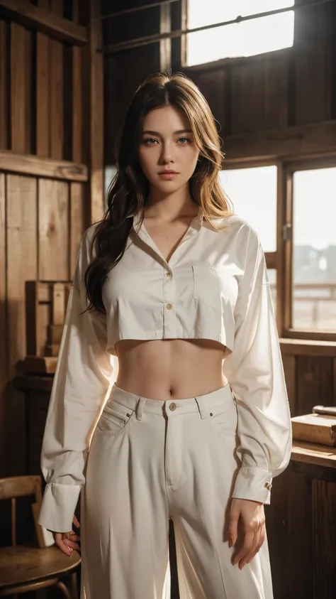 Holding a blank white banner in a rustic setting、A cowboy in an Amish-style shirt and oversized pants。Beautiful eyes framed by thick lashes、Reflecting the warmth of the sun。Her gorgeous creamy hair、Flows down in soft waves。The cowgirl outfit is made of bea...