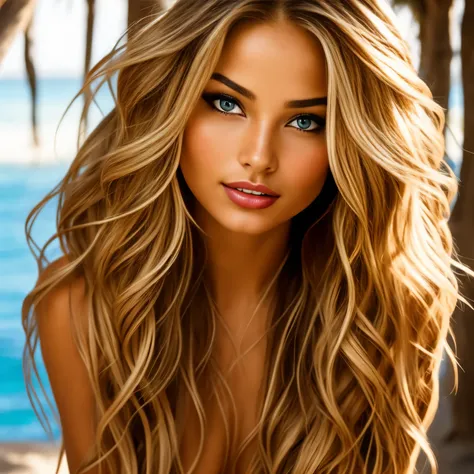 A beautiful female model with long, lustrous brown-blond hair and captivating blue eyes poses seductively for a picture. Her lips are biting into a red lipstick-stained lipstick, emitting a subtle yet alluring aroused expression. With her attractive blonde...