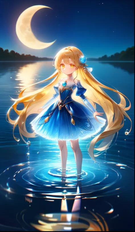 one princess standing on water (1:3), at night, the young siter taste, pale blue moon, cute face, blond semi-long hair, amber eyes, shy, water magic, naiad, illusory scene, calm, impressive, full body, ((portrait)) ((masterpiece, best quality, ultra-detail...