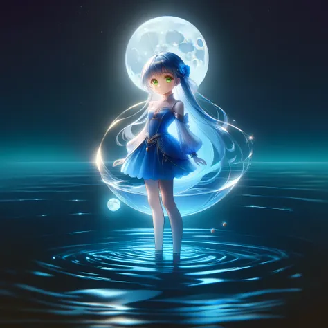 one princess standing on water, at night, the young siter taste, pale blue moon, cute face, blue semi-long hair, emerald green eyes, illusory scene, calm, impressive, full body, ((portrait)) ((masterpiece, best quality, ultra-detailed, an extremely delicat...