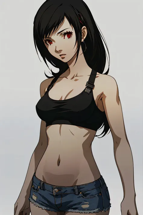 (masterpiece:1.2, best quality), 1lady, solo, upper body, portrait, red eyes, tifa lockhart, wearing a black bikini top and dist...