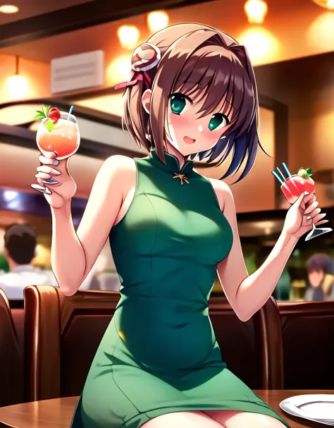 asakura_yume,brown hair,medium chest,aqua eye,white skin,(((((restaurant))))),((sitting)),(((several bearded men))),(((((by meng...