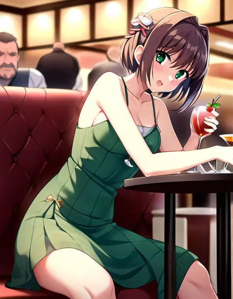 asakura_yume,brown hair,medium chest,aqua eye,white skin,(((((restaurant))))),((sitting)),(((several bearded men))),(((((by meng...