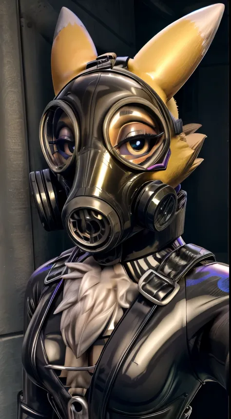 1girl, furry, solo, hd, renamon, (black latex suit), gas mask, (selfie pov), tf2pyro, bluteam, looking at viewer, latex, rubber,...