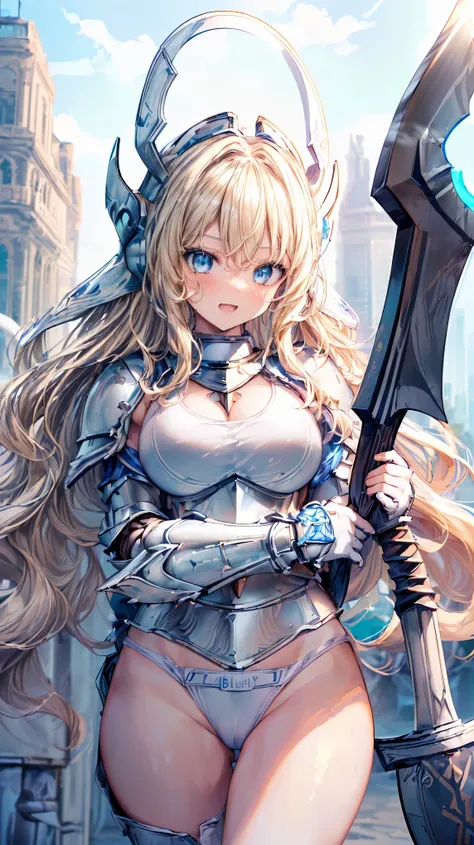 Very detailed、highest quality、(Best image quality:1.5)、(masterpiece:1.5)、8k、Anime Face、A kind smile、Open Mouth、(Beautiful bright blue eyes:1.5)、(Blonde wavy hair:1.5)、Muscles of the whole body、Thigh belt、(Wearing white bikini armor:1.5)、(Cowboy Shot:1.6)、(...