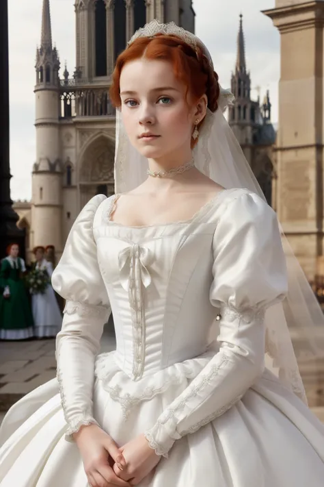 Paris, 1558. A young ((((15-year-old)) Mary Stuart)), beautiful, charming, regal, crown, in front of Notre Dame, ((worried expression)), ((((clothings from the 1550s, white wedding dress)))), ((redhead hairstyle of the 1550s)), colorful, realistic