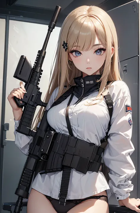 (((masterpiece))),(((High resolution)))、(((8K)))、(((perfect face)))、(((Korean idol))), 20 years old, (((Beautiful woman have a assault rifle))), (panty), ((M416)), (top quality eyes), (detailed face), (detailed texture), look at the camera