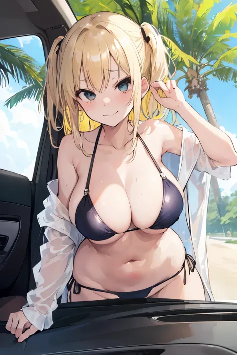 2 sexy oneesan in a swimsuit undressing hiding in a car facing backwards, Full breasts, {{{large full breasts}}}, (Pull-down sexy bikini), Contempt Smile, Black hair, blonde hair, Beige hair, humiliated, Shameful face, ,Surprised, in park outdoor, summer