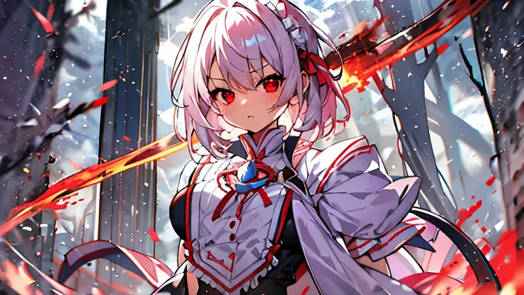 High resolution、Portraiture、One Girl、（alone）、(Expressive eyes, Perfect Face)、Anime girl with short white hair and red eyes looking at the camera、Short Hair、Glowing red eyes、slim、Wearing maid uniform、Vortex of flames、Shadow Body、Messy Hair、Diagonal angle、Ag...