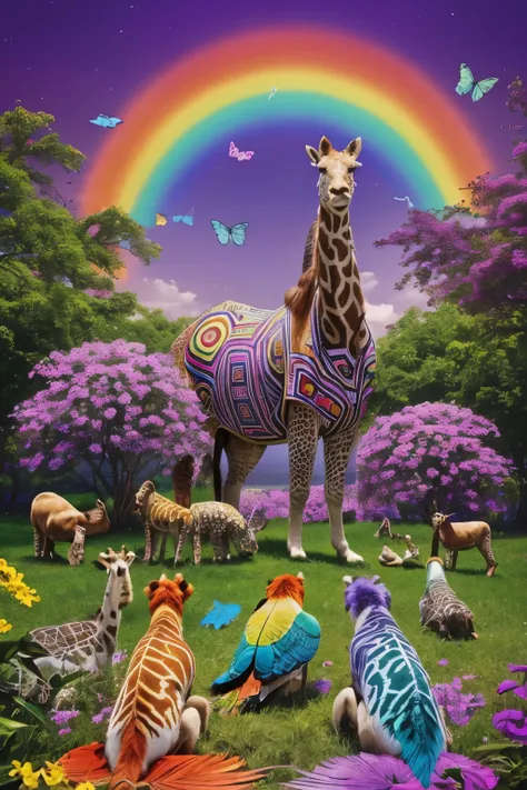 In a world where the 1960s never ended, let your imagination run wild and envision a vibrant community of animals living together. The animals, adorned in their everyday attire of tie-dye patterns, bell-bottoms, and peace symbols, create an atmosphere that...