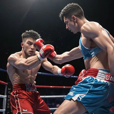 A thrilling and intense boxing match unfolds in this vividly depicted scene. The ring is bathed in dramatic, cinematic lighting, casting deep shadows and highlighting every muscle and sinew. Two powerful, muscular males square off against each other, their...