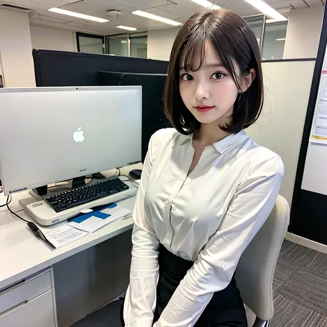 masterpiece, highest quality, highest quality, (Intricate and detailed:1.2), Beautiful Eyes, One girl、Office Lady、Background in the office、Bokeh、((lower body))、(Short Bob Hair)、White blouse、Long sleeve、(sitting in an office chair)、office staff suit, (long ...