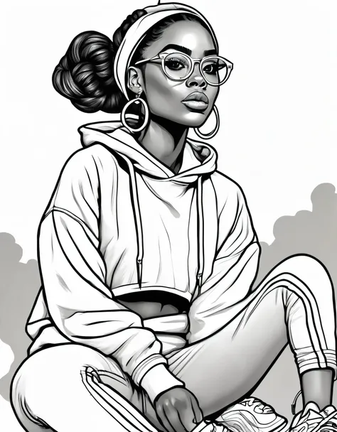 a black and white illustration coloring page,of a sporty african american girl with a high ponytail wrapped in a colorful scrunc...