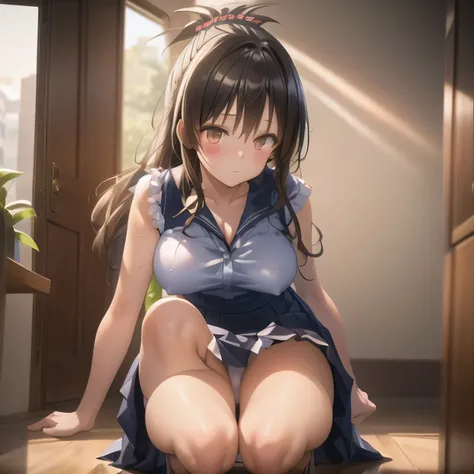 realistically, brown eyes, ponytail, glowing eyes, white short skirt, extra short skirt, Blush, daytime, Wet from the rain, see through, sleeveless shirt, nipples, pussy, crotch, embarrass, Sit with your knees raised, windy, yuuki mikan, the skirt is turne...