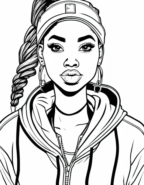 a black and white illustration coloring page,of a sporty african american girl with a high ponytail wrapped in a colorful scrunc...