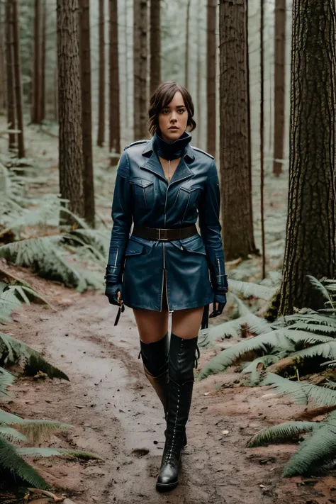 Megan Boone hochschwanger in blauem Leder und dunkelbraunen Plateau-overknee-Stiefeln, ist ist im Wald